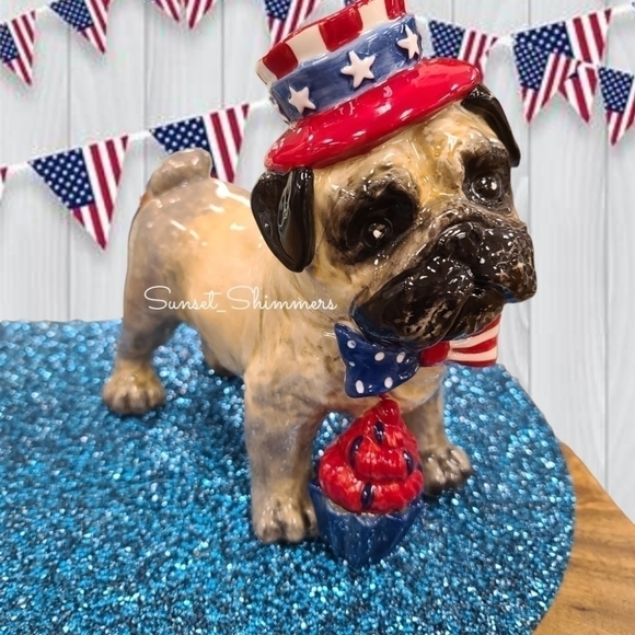 Patriotic Blue Sky PUG DOG July 4th Red White Blue Stars w Bow Tie & Cupcake New - Picture 11 of 11